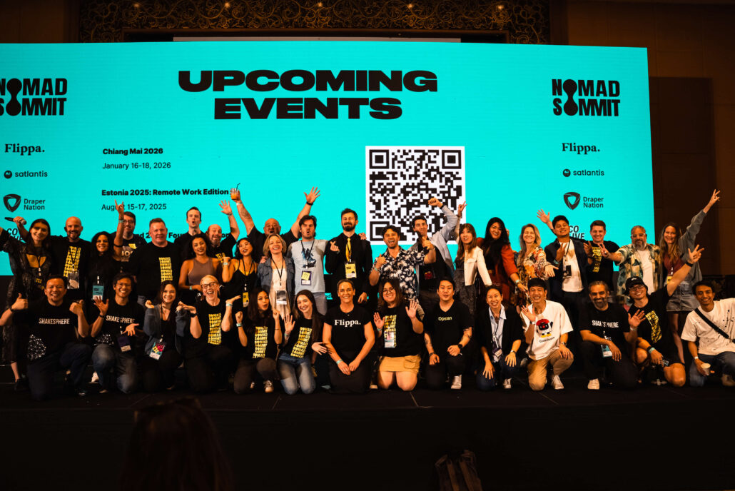 The entire team, speakers, volunteers: On stage at Nomad Summit Chiang Mai